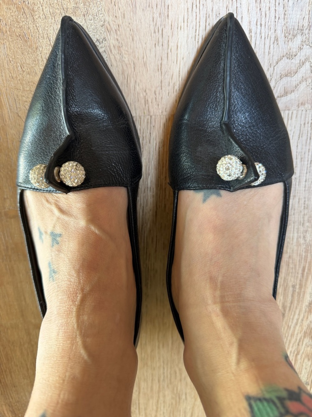 Miu Miu Black Pointed Leather Flats with Crystal Button